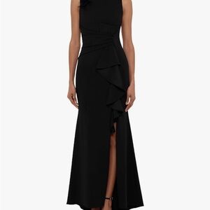 Betsy Adam Black Sleeveless Scuba Crepe Gown w/ Ruffle Detail Size 2 Petite